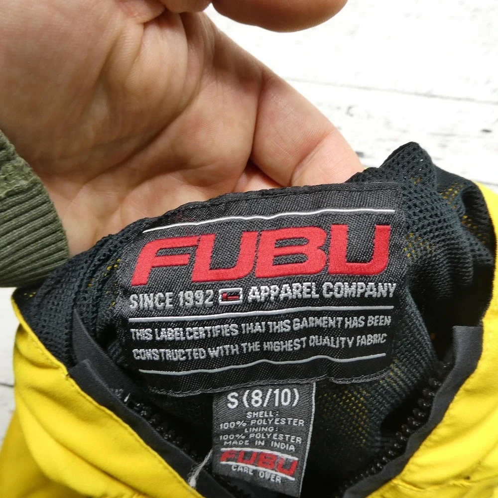 FUBU‎ Jacket Youth Small 8/10 Yellow Black Hooded Windbreaker Zip Pockets Lined